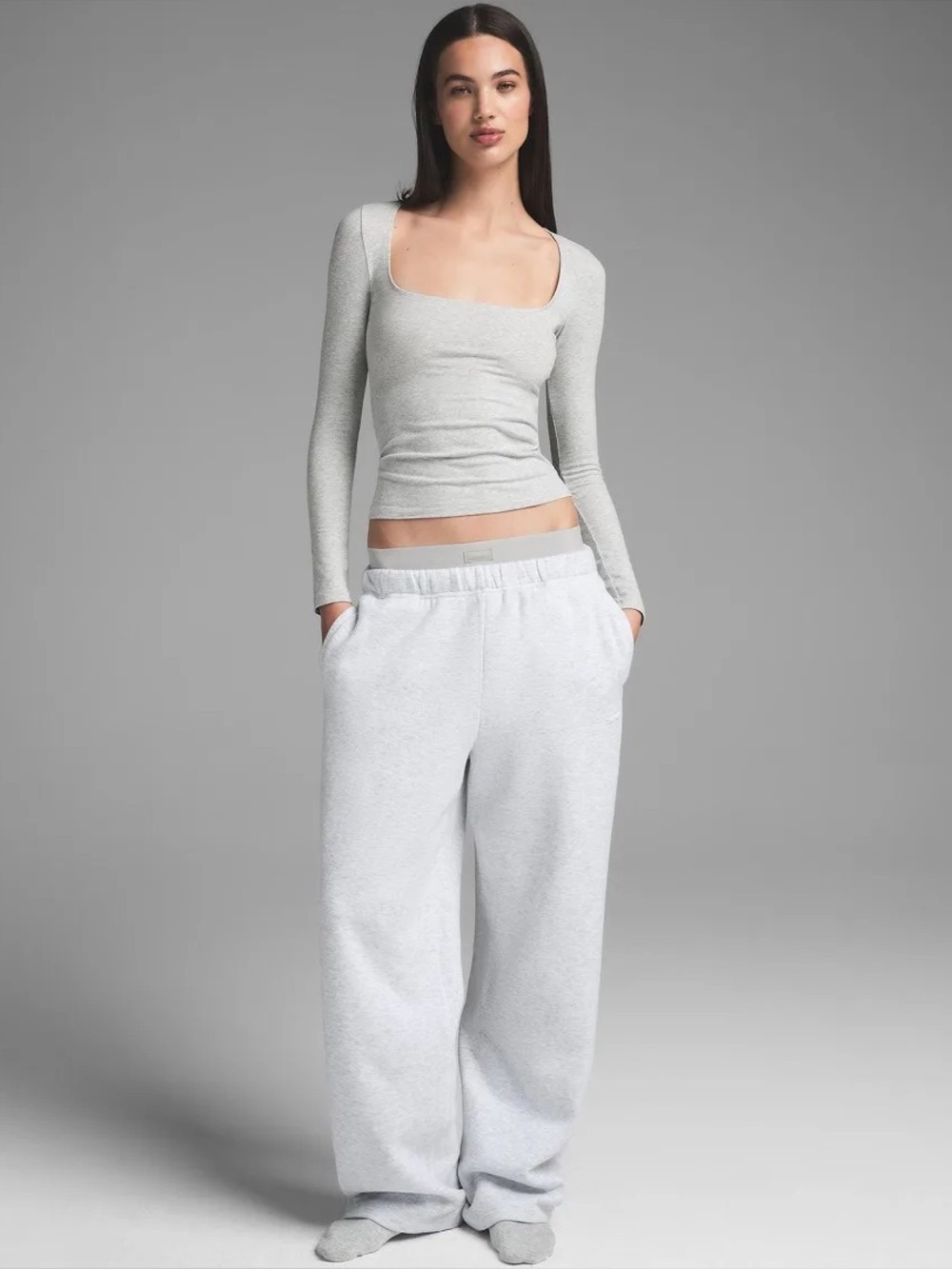 Skims Cotton Jersey Scoop Neck Long Sleeve Top in Light Heather Grey -Size S NWT - Picture 2 of 6